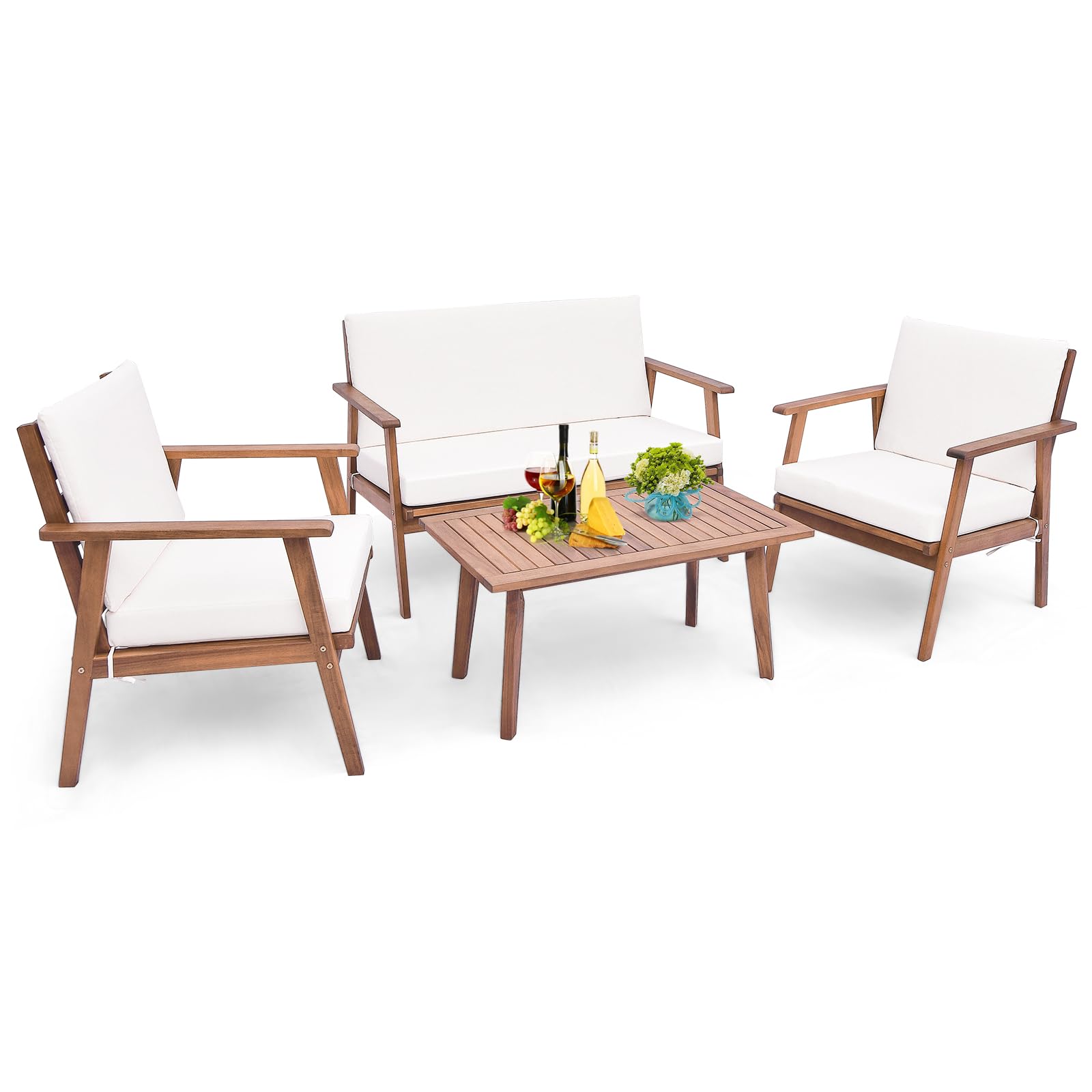 Ensemble de conversation extérieur Tangkula 4 pièces, ensemble de canapés en bois d'acacia avec coussins d'assise et de dossier moelleux